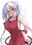  1girl absurdres alternate_costume apron breasts dark-skinned_female dark_skin glasses grey-framed_eyewear grey_hair highres kantai_collection large_breasts long_hair long_sleeves mashiro_yukiya musashi_(kancolle) musashi_kai_ni_(kancolle) open_mouth rectangular_eyewear red_apron semi-rimless_eyewear shirt solo translation_request twintails very_long_hair white_shirt 