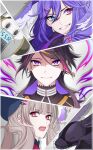  1boy 2girls absurdres black_headwear black_sweater blue_eyes braid dragon ember_(selen_tatsuki) eyebrows_visible_through_hair ghost grey_hair hair_behind_ear head_wings heterochromia highres kitto_(kito_saku112) lanyard looking_at_viewer looking_to_the_side medium_hair multiple_girls muzzle nijisanji nijisanji_en poppi_(reimu_endou) purple_hair reimu_endou selen_tatsuki shaded_face shu_yamino smile sweater twin_braids violet_eyes virtual_youtuber 