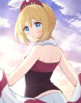  1girl bangs blonde_hair blue_eyes blush closed_mouth clouds collar commentary_request day eyelashes from_behind hair_between_eyes hairband haru_(haruxxe) highres irida_(pokemon) looking_back outdoors pokemon pokemon_(game) pokemon_legends:_arceus red_hairband red_shirt shirt short_hair shorts sky smile solo white_shorts 