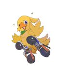  animal_focus bandana chin_chilla_(tinntira) chocobo chocobo_racing commentary final_fantasy from_below full_body green_bandana happy highres looking_at_viewer no_humans open_mouth roller_skates simple_background skates smile solo sparkle violet_eyes w white_background 