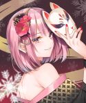  bare_back bare_shoulders flower fox_mask hair_flower hair_ornament highres holding hololive hololive_english japanese_clothes kimono lemon_t looking_at_viewer mask mori_calliope pink_hair red_background red_eyes red_nails short_hair smile snowflakes virtual_youtuber visible_ears 