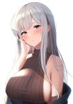  1girl bangs bare_shoulders blue_eyes blush breasts eyebrows_visible_through_hair futon_fly_away hand_on_own_face highres large_breasts long_hair off_shoulder original parted_lips sideboob silver_hair simple_background solo upper_body white_background 