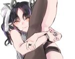  1girl bangs black_hair black_legwear black_ribbon blush bow closed_mouth commentary_request demon_girl demon_horns eyebrows_visible_through_hair feet_out_of_frame grey_sweater hair_bow horns hugging_own_legs jewelry kojo_anna leg_ribbon long_hair looking_at_viewer multicolored_hair natsuki_(pixiv) parted_bangs pointy_ears purple_hair ribbon ring simple_background sleeveless sleeveless_sweater smile solo sugar_lyric sweater thigh-highs two-tone_hair two_side_up virtual_youtuber white_background white_bow yellow_eyes 