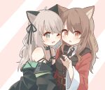  2girls absurdres ahoge animal_ears arknights black_jacket black_necktie black_ribbon black_shirt blush breasts brown_hair cat_ears cheek-to-cheek chestnut_mouth collared_shirt green_eyes grey_hair hair_ribbon heads_together highres jacket long_hair long_sleeves mint_(arknights) multiple_girls necktie off_shoulder open_clothes open_jacket open_mouth pink_background red_jacket ribbon ryoku_sui shirt skyfire_(arknights) small_breasts striped striped_background two-tone_background undershirt upper_body white_background white_shirt wide_sleeves yellow_eyes yuri 