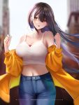  1girl alternate_costume artist_name bangs bare_shoulders black_hair blurry blurry_background blush breasts casual city cowboy_shot day denim girls_frontline hair_between_eyes heterochromia highres jacket jeans ksartworks large_breasts long_hair midriff multicolored_hair navel off_shoulder open_mouth orange_eyes orange_jacket pants ro635_(girls&#039;_frontline) shirt solo standing streaked_hair teeth upper_teeth white_hair white_shirt 