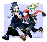  2boys :d adaman_(pokemon) black_footwear black_hair black_shirt blue_coat blue_hair border brown_eyes brown_footwear clenched_hands coat commentary_request floating_scarf grey_jacket grey_pants hat highres jacket logo male_focus momosora_(mmsr93) multicolored_hair multiple_boys open_clothes open_coat open_mouth pants pokemon pokemon_(creature) pokemon_(game) pokemon_legends:_arceus red_headwear red_scarf rei_(pokemon) rowlet running scarf shirt shoes short_hair smile teeth tied_hair tongue white_border 