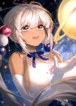  1girl absurdres ahoge bow breasts brown_eyes constellation dark-skinned_female dark_skin elbow_gloves gloves highres hololive hololive_english large_breasts long_hair planet polla sleeveless starry_background tsukumo_sana twitter_username white_hair 