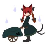  1girl :3 animal_ear_fluff animal_ears black_bow black_footwear blackbad blue_fire boots bow braid cat_ears cat_tail closed_mouth dress extra_ears eyes_visible_through_hair fire from_side full_body green_dress hair_between_eyes hair_bow hair_ribbon hitodama holding kaenbyou_rin looking_at_viewer multiple_tails nekomata pointy_ears red_eyes redhead ribbon simple_background smile solo standing tail touhou tress_ribbon twin_braids twintails two_tails wheelbarrow white_background 