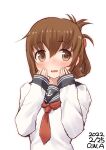  1girl anchor_symbol black_sailor_collar brown_eyes brown_hair dated folded_ponytail hands_on_own_face highres inazuma_(kancolle) kantai_collection long_hair looking_at_viewer neckerchief one-hour_drawing_challenge owa_(ishtail) red_neckerchief sailor_collar school_uniform serafuku simple_background solo twitter_username upper_body white_background 