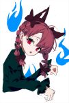  1girl :o animal_ears bangs blue_fire bow braid brown_bow cat_ears cropped_torso extra_ears eyebrows_visible_through_hair eyelashes fire from_side garter_straps hair_between_eyes hair_bow hair_ribbon hands_up head_tilt highres hitodama kaenbyou_rin looking_at_viewer neetsr open_mouth paw_pose red_eyes redhead ribbon simple_background slit_pupils solo teeth touhou tress_ribbon twin_braids twintails upper_body upper_teeth white_background 