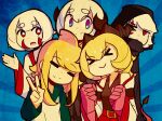  &gt;_&lt; 5girls :&gt; =_= blonde_hair blue_eyes blush bright_pupils chibi closed_eyes closed_mouth d-floe eyebrows_visible_through_hair facial_mark facing_viewer green_hoodie head_fins hood hoodie horns long_hair long_sleeves looking_at_viewer multicolored_clothes multicolored_hoodie multiple_girls open_mouth original parted_lips red_eyes shark_girl short_hair smile thick_eyebrows v white_hoodie white_pupils 
