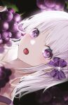  1girl bow camisole collarbone dark_background dutch_angle food fruit grapes hair_bow highres isobe47 light_particles looking_to_the_side medium_hair open_mouth original portrait purple_bow purple_camisole teeth violet_eyes white_hair 