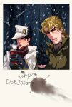  2boys bare_tree black_gloves black_hair blonde_hair breath buttons coffee_cup cup diamond_wa_kudakenai dio_brando disposable_cup double-breasted fangs gloves hat highres holding holding_cup jojo_no_kimyou_na_bouken kujo_jotaro less_end male_focus multiple_boys scarf snowing time_paradox tree v vampire winter_clothes 