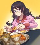  bakemonogatari blush braid bread breasts commentary curry eating eyebrows_visible_through_hair food glasses hair_between_eyes hair_ornament hairclip hairpin hanekawa_tsubasa happy large_breasts long_hair long_sleeves looking_at_food monogatari_(series) naan_bread naoetsu_high_school_uniform pink_skirt puffy_long_sleeves puffy_sleeves reirou_(re16ko89) rice school_uniform skirt solo twin_braids twintails violet_eyes 