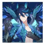  1boy animal_hands blue_eyes blue_hair blue_horns blue_wings commentary dvalin_(genshin_impact) fang genshin_impact hand_on_own_chest honlo horns humanization male_focus solo wings 