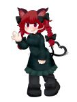  1girl :3 :d animal_ear_fluff animal_ears bangs black_bow black_footwear black_legwear black_ribbon blackbad blunt_bangs blush bow braid breasts cat_ears cat_tail dress extra_ears eyebrows_visible_through_hair fang fidgeting footwear_bow full_body green_dress hair_bow hair_ribbon hand_up heart heart_tail highres kaenbyou_rin leg_ribbon multiple_tails nekomata nervous_smile open_mouth pantyhose red_eyes redhead ribbon simple_background small_breasts smile solo standing tail touhou trembling tress_ribbon twin_braids twintails two_tails unmoving_pattern waving white_background 