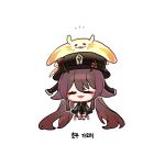  1girl :3 animal_on_head bangs brown_coat brown_footwear brown_headwear brown_shorts chibi closed_mouth coat commentary_request flower genshin_impact hair_flaps hat hat_flower highres hu_tao_(genshin_impact) korean_commentary korean_text long_sleeves manta_ray on_head plum_blossoms porkpie_hat red_flower shoes shorts sidelocks simple_background socks solo sp0i0ppp talisman white_background white_legwear 