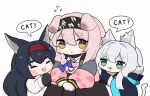  3girls animal_ears arknights bangs black_hair blaze_(arknights) blush_stickers braid cat_ears cat_girl cat_tail chibi eyebrows_visible_through_hair flying_sweatdrops goldenglow_(arknights) green_eyes hairband highres long_hair multiple_girls pink_hair rosmontis_(arknights) silver_hair someyaya tail yellow_eyes 