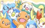  blue_eyes blush brown_eyes charmander closed_eyes commentary_request fang fangs fennekin flying_sweatdrops highres kurou_(nndh7223) looking_at_viewer looking_away musical_note no_humans open_mouth piplup pokemon pokemon_(creature) rowlet sideways_glance smile snivy sobble tongue torchic totodile 