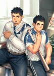  2boys bandages bat beard belt black_hair book building cigarette collared_shirt facial_hair highres laserbiubiu male_focus multiple_boys necktie original pants plant scar school school_uniform shirt sitting teacher_and_student thick_eyebrows 