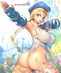  1girl alternate_color armpits ass bangs beret blonde_hair blue_eyes blue_gloves blue_headwear bodypaint braid breasts cammy_white cowboy_shot fingerless_gloves gloves hat highres large_breasts leotard long_hair looking_to_the_side muscular muscular_female open_mouth pixiv_id plant revision signature solo street_fighter street_fighter_ii_(series) thong thong_leotard twin_braids twitter_username umigarasu_(kitsune1963) v-shaped_eyebrows white_leotard 