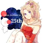  1girl blonde_hair breasts cape closed_mouth detached_sleeves dress earrings final_fantasy final_fantasy_vi jewelry long_hair looking_at_viewer moogle pantyhose ponytail ribbon tina_branford violet_eyes 