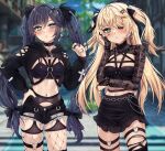  2girls absurdres alternate_costume aqua_eyes bangs black_legwear black_nails black_ribbon black_shirt black_shorts black_skirt blonde_hair blurry blurry_background blush bracelet breasts bridal_gauntlets choker clothing_cutout commentary cowboy_shot cropped_hoodie drawstring earrings english_commentary eyepatch fischl_(genshin_impact) fishnet_legwear fishnets genshin_impact gothic green_eyes hair_ornament hair_over_one_eye hair_ribbon hairclip hand_on_hip hand_up highres hood hoodie jewelry long_hair long_sleeves looking_at_viewer medium_breasts mismatched_earrings mona_(genshin_impact) multiple_earrings multiple_girls multiple_rings nail_polish navel navel_piercing outdoors parted_lips piercing ribbon ring shirt shorts skirt small_breasts spiked_bracelet spiked_choker spikes standing stomach thigh-highs thigh_strap torn_clothes torn_shorts twintails two_side_up v-shaped_eyebrows very_long_hair vitaminechan x_hair_ornament 