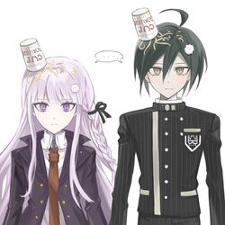  ... 1boy 1girl bangs black_gloves black_ribbon blunt_bangs braid breast_pocket brown_eyes brown_necktie buttons collared_shirt danganronpa:_trigger_happy_havoc danganronpa_(series) danganronpa_v3:_killing_harmony double-breasted eyebrows_visible_through_hair food food_on_head gloves hair_ribbon jacket kirigiri_kyouko long_hair looking_at_viewer necktie noodles object_on_head open_clothes open_jacket pocket purple_hair ramen ribbon saihara_shuuichi shirt short_hair spoken_ellipsis striped striped_jacket towa_(01towa_0w0) violet_eyes white_shirt 