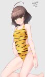  1girl absurdres ahoge animal_print bangs blunt_bangs breasts brown_eyes brown_hair cowboy_shot dated grey_background highres kantai_collection kishinami_(kancolle) maru_(marg0613) one-piece_swimsuit short_hair simple_background small_breasts solo swimsuit tiger_print twitter_username wavy_hair 