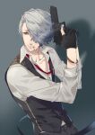  black_gloves black_pants bracelet bustafellows buttons cigarette collarbone collared_shirt english_text engraved finger_on_trigger gloves gun handgun highres jewelry lilith_d pants shadow shirt shu_(bustafellows) smoke smoking vest weapon white_hair white_shirt yellow_eyes 