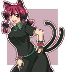  1girl :d adapted_costume animal_ear_fluff animal_ears border braid breasts cat_ears cat_tail cowboy_shot eyebrows_behind_hair hair_between_eyes hand_on_hip kaenbyou_rin leaning_forward long_hair looking_at_viewer medium_breasts multiple_tails nekomata open_mouth outline outside_border purple_background red_eyes redhead renshirenji short_sleeves simple_background smile solo tail teeth tongue touhou twin_braids twintails two_tails upper_teeth white_border white_outline wing_collar wrist_cuffs 