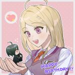  1boy 1girl :d ahoge akamatsu_kaede bangs blonde_hair blush chibi collared_shirt danganronpa_(series) danganronpa_v3:_killing_harmony flying_sweatdrops hair_ornament happy_birthday heart holding long_hair looking_at_another miying_(ho_ru03_15) musical_note_hair_ornament parted_bangs pink_eyes pink_vest saihara_shuuichi shiny shiny_hair shirt smile spoken_heart teeth upper_body upper_teeth vest white_shirt 