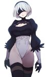  1girl black_blindfold black_hairband black_legwear blindfold boots breasts cleavage_cutout clothing_cutout do_m_kaeru gloves hairband high_heel_boots high_heels leotard long_sleeves medium_breasts mole mole_under_mouth nier_(series) nier_automata puffy_sleeves short_hair silver_hair solo thigh-highs thigh_boots white_hair white_leotard yorha_no._2_type_b 