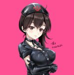  1girl alternate_costume anchor_symbol black_gloves black_headwear breasts brown_eyes brown_hair crossed_arms elbow_gloves gloves kaga_(kancolle) kantai_collection large_breasts long_hair pink_background short_sidetail short_sleeves side_ponytail solo tk8d32 