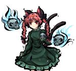 1girl animal_ears bangs black_bow blue_fire bow braid breasts cat_ears cat_tail closed_mouth dress eyebrows_behind_hair feet_out_of_frame fire flaming_skull floating_skull frills green_dress hair_bow hair_ribbon hand_up highres hitodama kaenbyou_rin lis long_hair looking_ahead multiple_tails nekomata official_style petticoat red_eyes redhead ribbon simple_background skull sleeves_past_wrists small_breasts smile solo standing tail touhou tress_ribbon twin_braids twintails two_tails white_background 