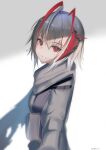  1girl absurdres ahoge alternate_costume antennae arknights demon_horns eugle_na from_side grey_background grey_hair grey_scarf grey_shirt head_tilt highres horns looking_at_viewer parted_lips red_eyes scarf shirt simple_background slit_pupils solo twitter_username w_(arknights) 