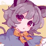  1girl ahiru_tokotoko animal_ears blue_capelet bow capelet grey_hair highres looking_at_viewer mouse_ears mouse_tail nazrin open_mouth pixel_art portrait red_eyes short_hair solo tail touhou yellow_background yellow_bow 