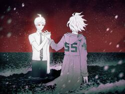  2boys ahoge bandaged_arm bandages breast_pocket commentary_request danganronpa_(series) danganronpa_2:_goodbye_despair green_jacket hand_up hinata_hajime hinata_hajime_(awakened) holding_hands hood hood_down jacket komaeda_nagito long_sleeves male_focus multiple_boys necktie outdoors pants pocket ppap_(11zhakdpek19) red_nails red_sky short_hair short_sleeves sky snowing wading white_hair 