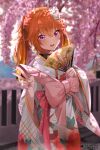  1girl :d animal_print bangs bird blonde_hair blurry blurry_background blush bow branch butterfly_print cherry_blossoms chicken chicken_print earrings floral_print flower folding_fan hair_flower hair_ornament hand_fan hand_up holding holding_fan hololive hololive_english japanese_clothes jewelry kananote kimono long_hair looking_at_viewer obi official_alternate_costume open_mouth orange_hair outdoors patreon_username pink_bow pink_eyes pink_nails rose sash smile solo takanashi_kiara tree twintails v white_flower white_kimono white_rose 