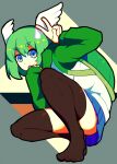  1girl black_legwear blue_skirt borrowed_character closed_mouth d-floe eyebrows_visible_through_hair gift_art green_eyes green_hair head_wings highres long_sleeves looking_at_viewer original pleated_skirt short_hair skirt smile solo thigh-highs turtle_shell v 