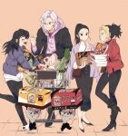  1boy 3girls alcohol alternate_costume animal_ears bag beer black_hair black_legwear black_pants blush box carrying casual closed_eyes down_jacket food full_body groceries grocery_bag headband high_heels highres hinatsuru_(kimetsu_no_yaiba) hood hoodie husband_and_wife_and_wife jacket kimetsu_no_yaiba long_sleeves makio_(kimetsu_no_yaiba) meat mouse mouse_ears multiple_girls open_clothes open_mouth pants pink_hoodie ponytail red_eyes red_jacket san_mon shopping_bag shopping_cart smile suma_(kimetsu_no_yaiba) thumbs_up uzui_tengen white_hair 