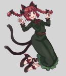  1girl :d animal_ear_fluff animal_ears bangs black_footwear blunt_bangs blush bow braid breasts cat_ears cat_tail dress eyebrows_behind_hair floating_hair footwear_bow full_body green_dress grey_background hands_up highres kaenbyou_rin long_hair long_sleeves looking_at_viewer multiple_tails neck_ribbon nekomata open_mouth paw_pose petticoat red_bow red_eyes red_ribbon redhead renshirenji ribbon simple_background small_breasts smile solo tail touhou twin_braids twintails two_tails 