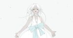  1girl bow breasts closed_eyes commentary d.k dress dress_bow english_commentary long_hair nier nier_(series) outstretched_arms simple_background solo white_background white_dress white_hair yonah 