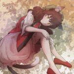  1girl :3 animal_ear_fluff animal_ears brown_hair cat_ears cat_tail chen dated dress green_headwear kakera_(comona_base) lying multiple_tails nekomata on_side puffy_short_sleeves puffy_sleeves red_dress red_footwear short_sleeves signature simple_background solo tail touhou two_tails yellow_eyes 