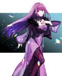  1girl breasts choker diadem dress fate/grand_order fate_(series) floating_hair highres jewelry long_hair long_sleeves medium_breasts omame_korokor pantyhose parted_lips pendant purple_choker purple_dress purple_hair purple_legwear red_eyes scathach_(fate) scathach_skadi_(fate) shiny shiny_hair smile solo standing straight_hair very_long_hair wide_sleeves 