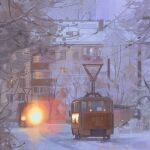  alzi_xiaomi bare_tree building city commentary dated english_commentary house light no_humans original scenery signature snow snowing streetcar tree winter 