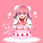  1girl bandaged_arm bandages bangs blush bun_cover cake commentary_request double_bun eyebrows_visible_through_hair flower food fruit hair_between_eyes heart highres ibaraki_kasen looking_at_food medium_hair open_mouth pink_background pink_hair red_eyes rose round_teeth short_sleeves shouko_(airen) smile solo strawberry tabard teeth touhou translation_request upper_body 