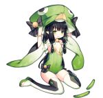  1girl ao_jun ark_order bangs bell black_bow black_hair black_legwear bow bridal_legwear cucumber flat_chest full_body green_eyes green_footwear green_headwear green_leotard hands_on_headwear hat hat_bell hat_bow jingle_bell kappa_(ark_order) leotard long_hair looking_at_viewer neck_bell official_art open_mouth pointy_ears sandals sidelocks sitting solo tachi-e toeless_footwear transparent_background two-tone_legwear wariza wavy_mouth white_legwear wide_sleeves 