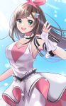  1girl absurdres armpits bangs bare_shoulders blue_eyes breasts brown_hair dress eyebrows_visible_through_hair fingerless_gloves gloves hairband highres kizuna_ai kizuna_ai_inc. light_rays long_hair looking_at_viewer materu_(2532) medium_breasts multicolored_hair open_mouth pink_dress pink_hair pink_hairband sky smile solo streaked_hair swept_bangs two-tone_dress virtual_youtuber white_dress white_gloves wind 