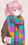  1girl alternate_costume aqua_eyes bangs brown_jacket closed_mouth commentary_request cup disposable_cup grey_background hair_between_eyes highres holding holding_cup ichiroku_(sakumogu-029) jacket kantai_collection long_sleeves looking_at_viewer multicolored_clothes multicolored_scarf pink_hair ponytail scarf shiranui_(kancolle) signature simple_background solo upper_body 